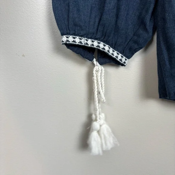 Zara ZRF Top Women's XS Blue Embroidered Chambray Baby Doll Bohemian Flawed - Picture 4 of 9